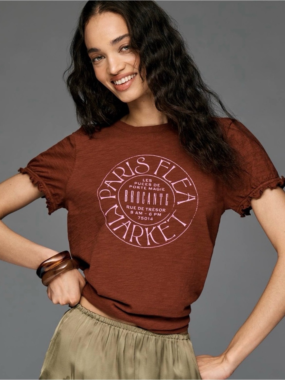 Anthropologie Pilcro Bennie Puffed Sleeve Paris Flea Graphic Tee Brown size S